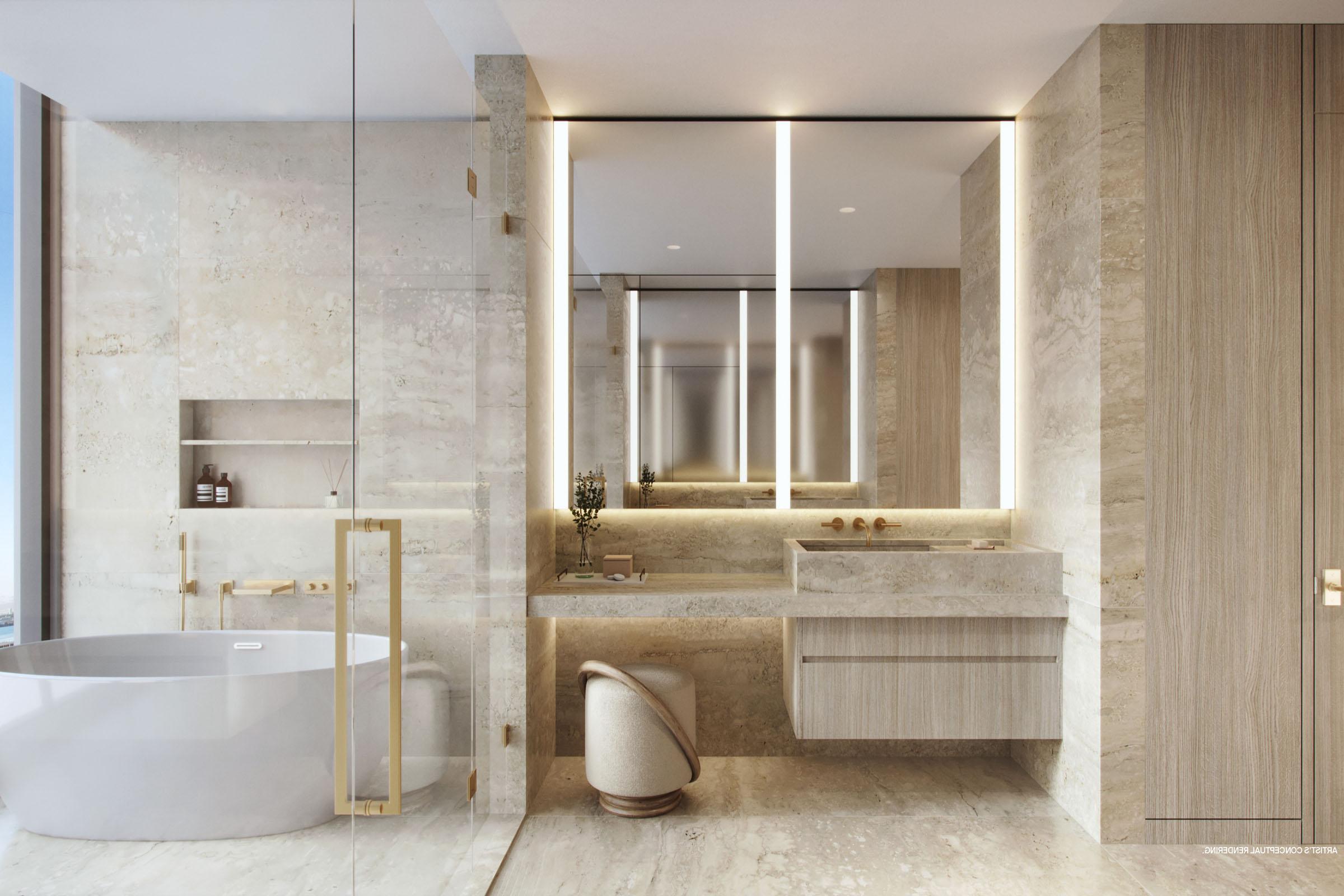 迈阿密瑞吉住宅主浴室的渲染图